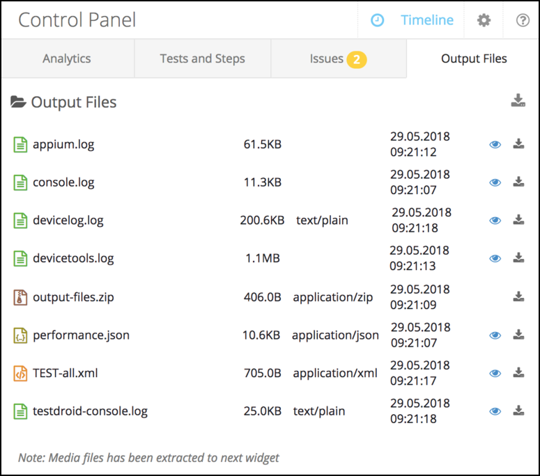 Output files panel