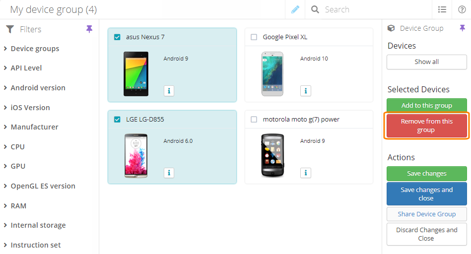Removing devices from a device group
