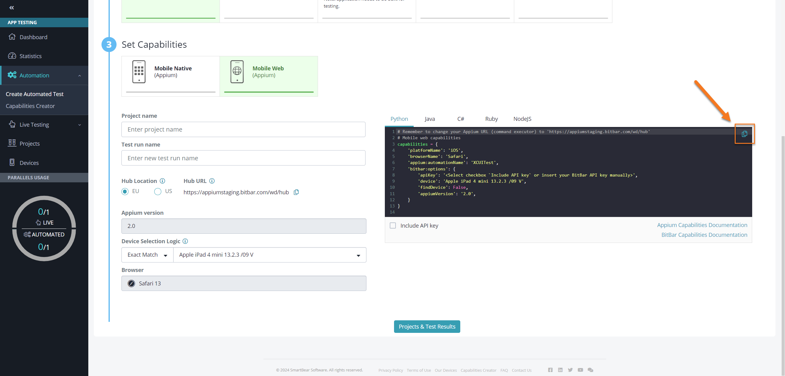 A screenshot of BitBar Set Capabilities section in Web App Testing with the copy code button highlighted.