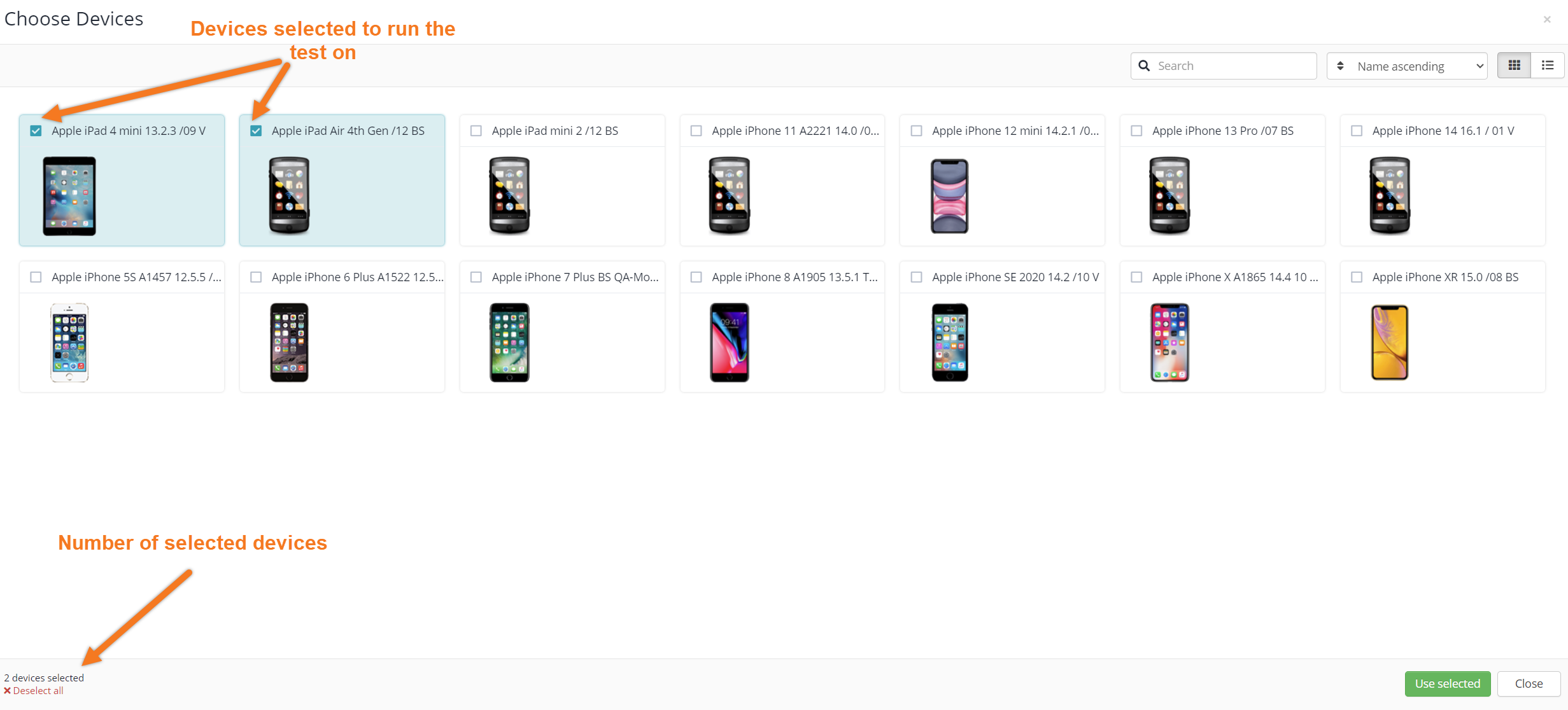 A screenshot of the BitBar Mobile Test device selection window with two devices selected.