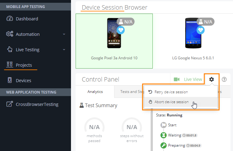 The new 'Abort device session' command