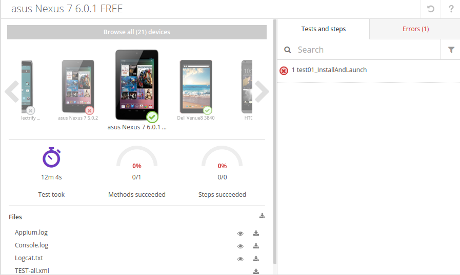 Device test run view steps