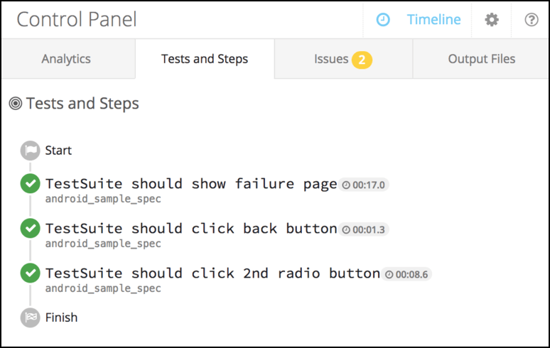 Tests and Steps panel